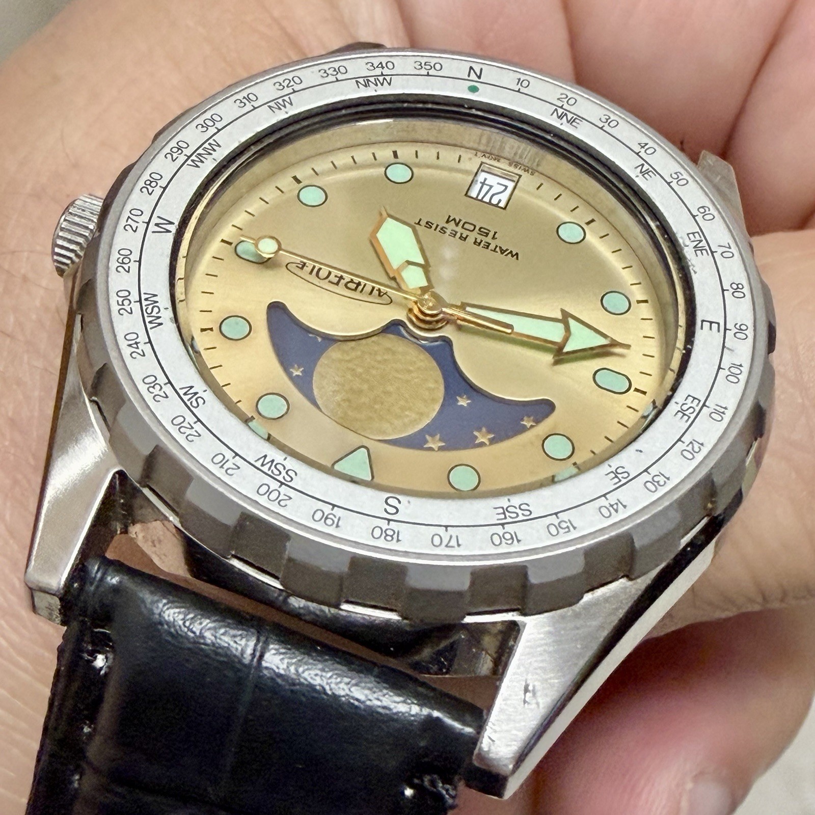 Vintage AUREOLE Moon Phase Quartz SW-224 Men’s 39mm Diver Watch Compass Bezel