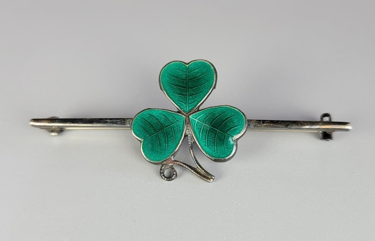 Vintage Green Enamel Sterling Silver Brooch Shamrock 3 Leaf Clover Bar Pin