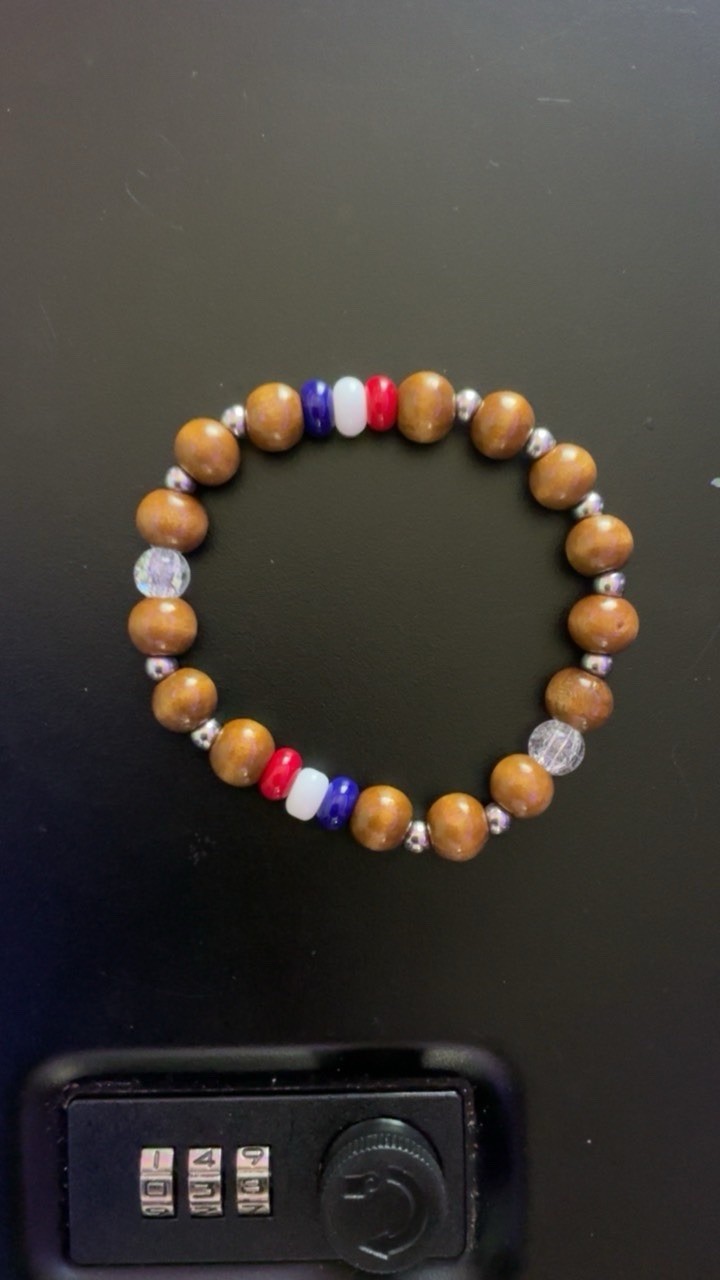 Handmade Brown/Red/White/Blue Glass & Wood Beaded Bracelet, Unisex #038