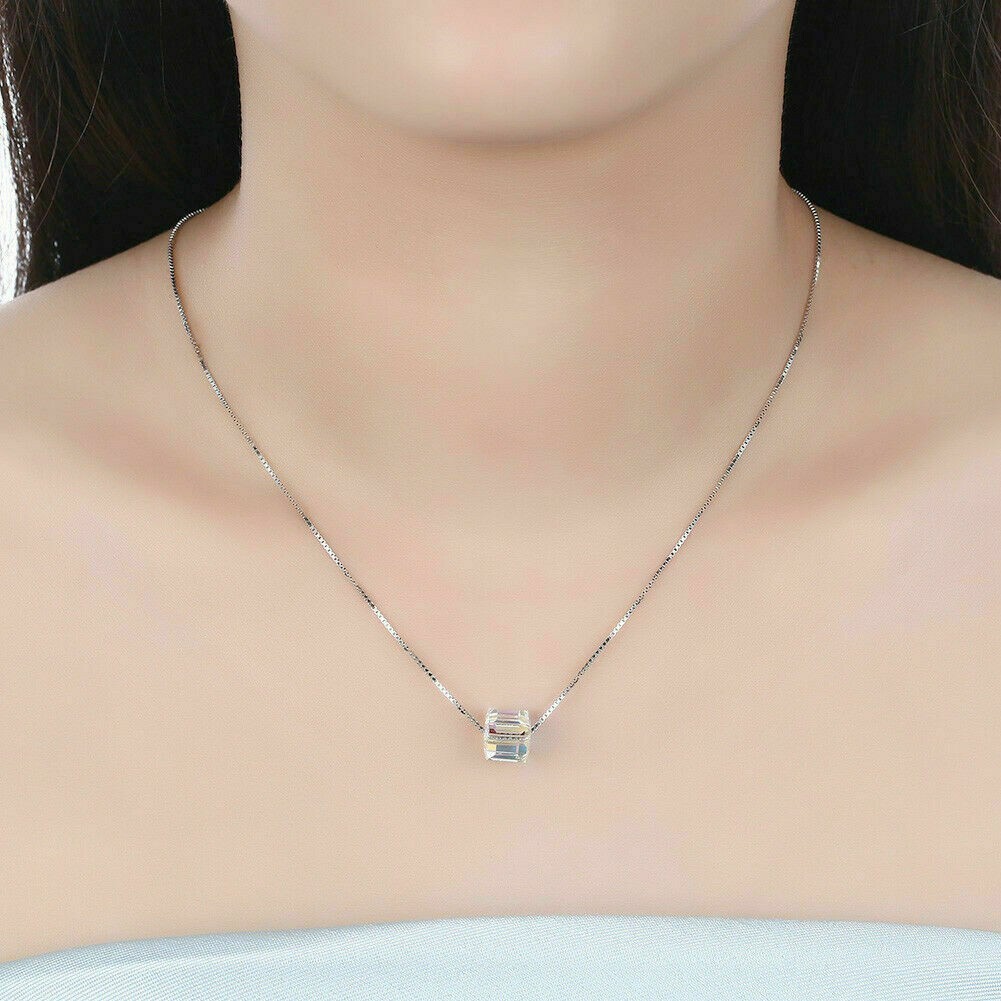 Aurora Borealis Square Crystal Cube Necklace & Stud Earrings Jewelry set