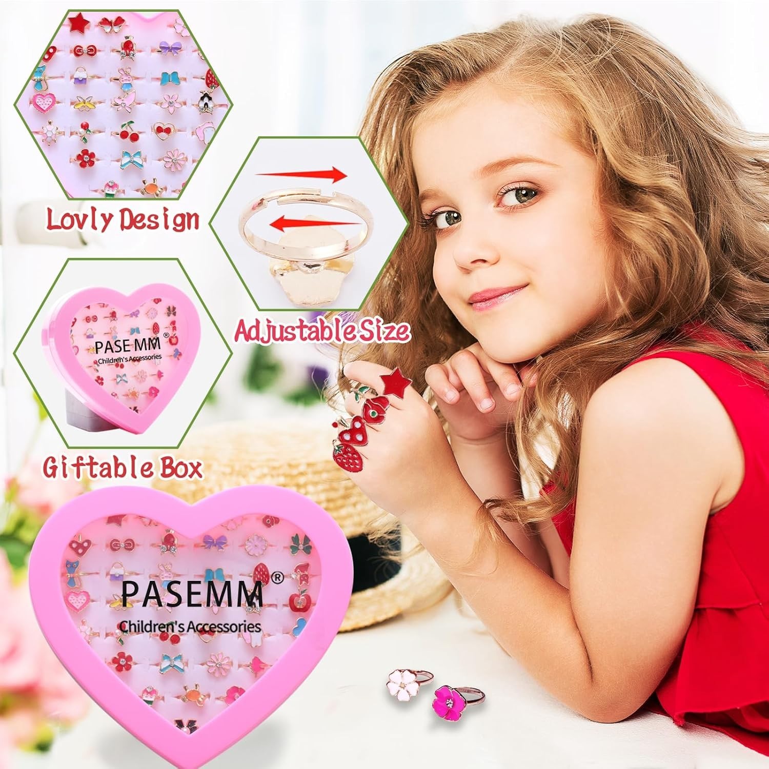 36pcs Girls Adjustable Jewel Rings for Kids, Dress Up Toys, Birthday & Holiday G