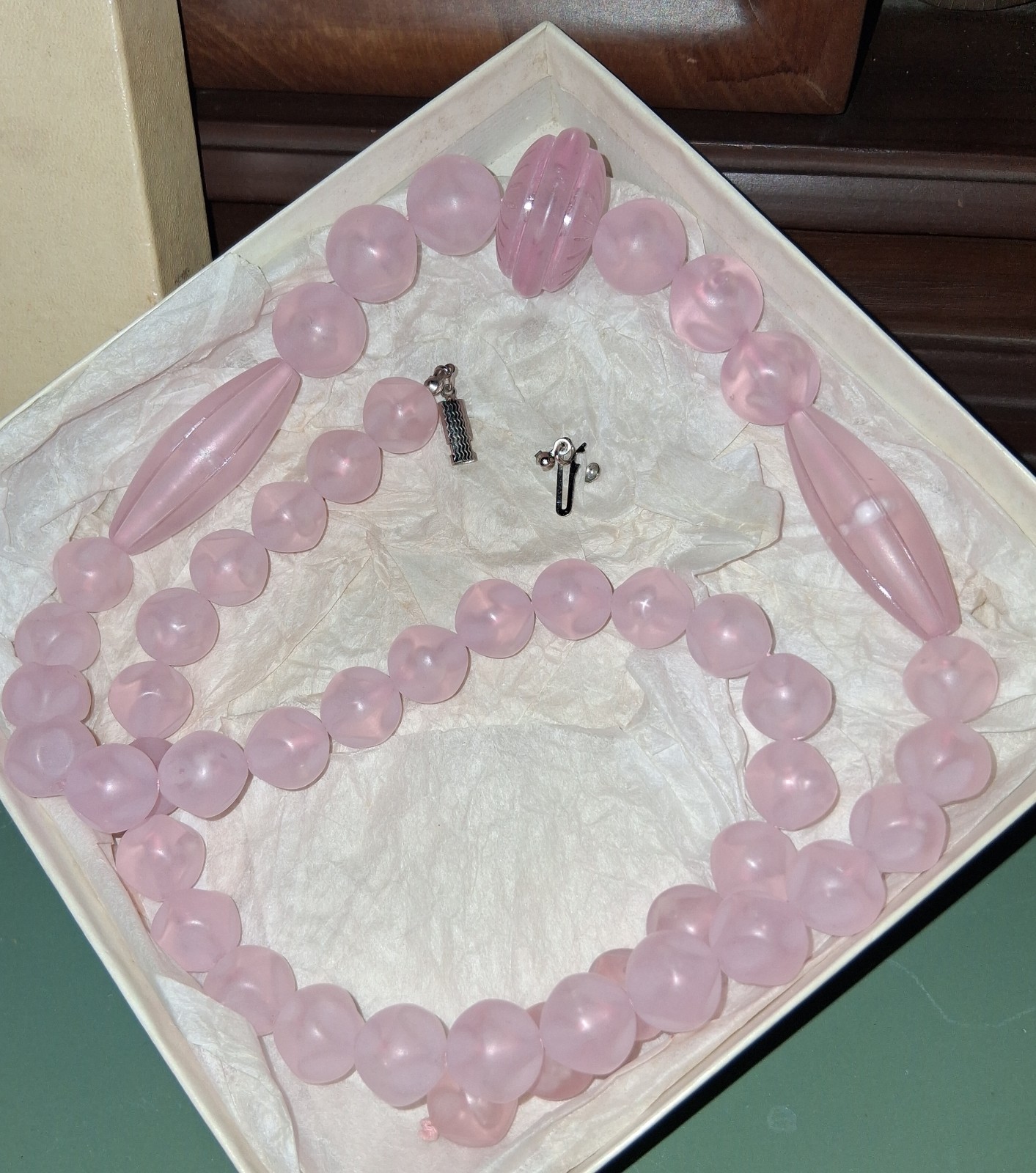 Vintage Celluloid “Rose Quartz” 30″ Beaded Necklace- Original Clasp