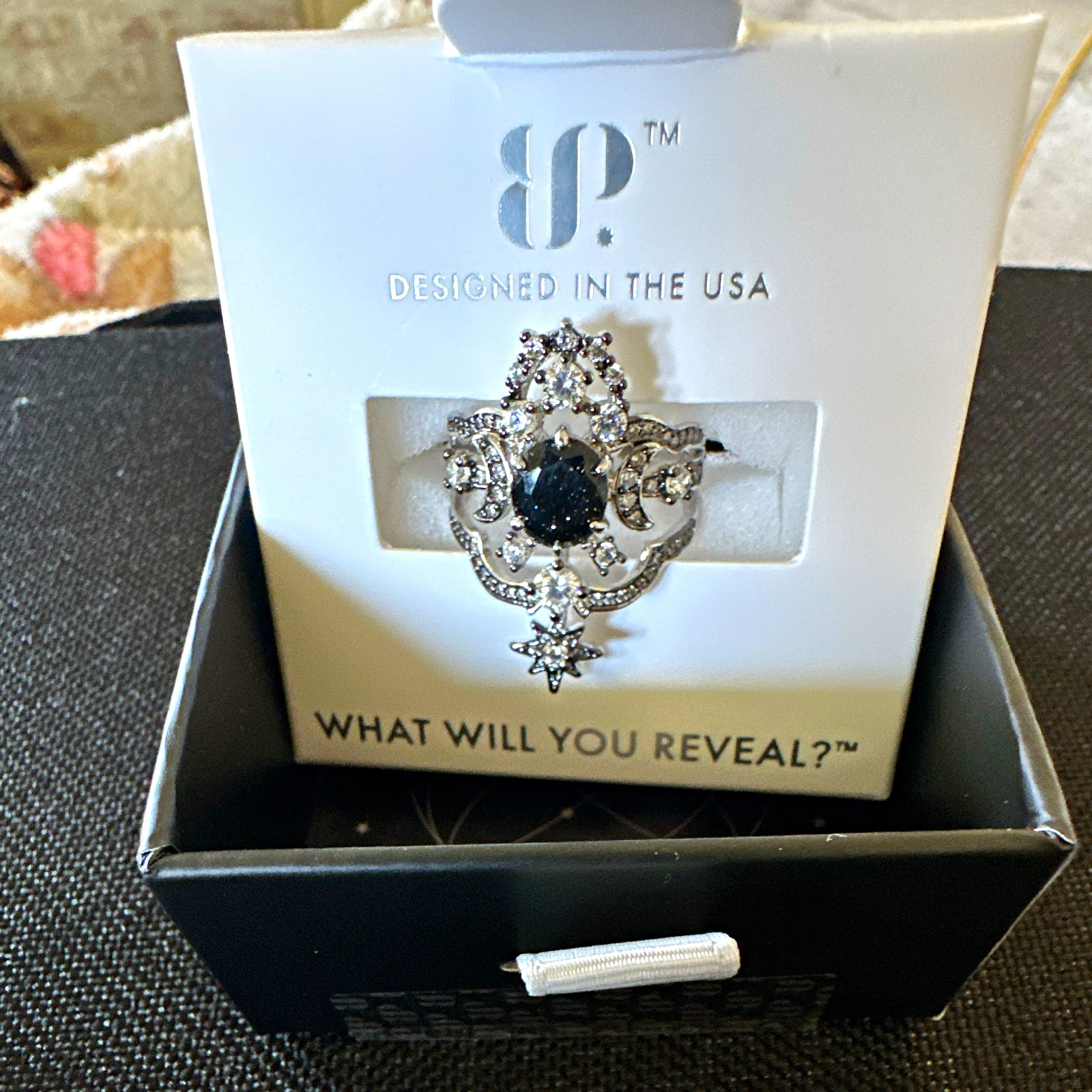 Obsidia Celestial Cocktail Ring Onyx Sandstone CZ Rhodium Plated 7 RG40811