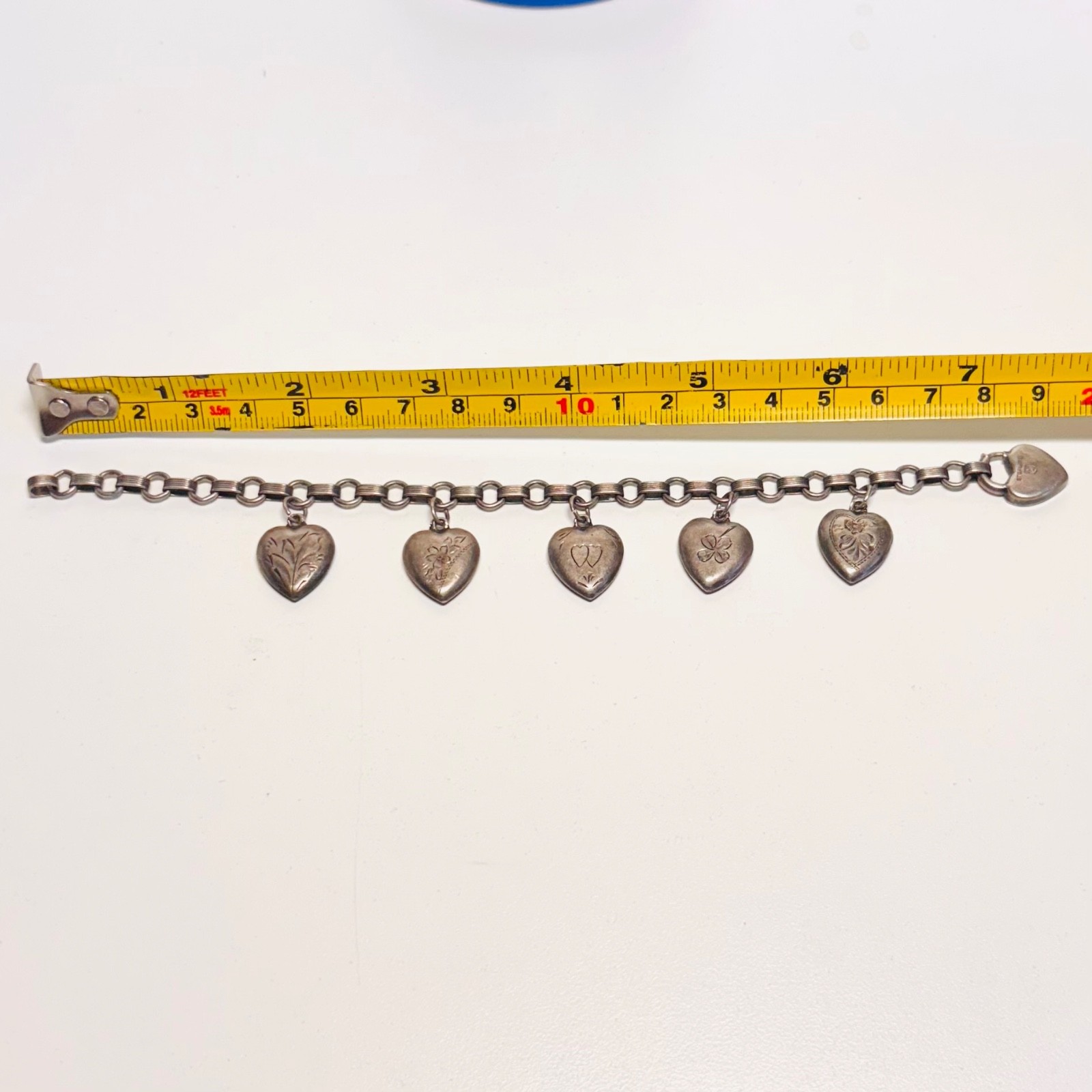 WALTER LAMPL Sterling silver bracelet puffy heart charm lock engraved vint 14.9g