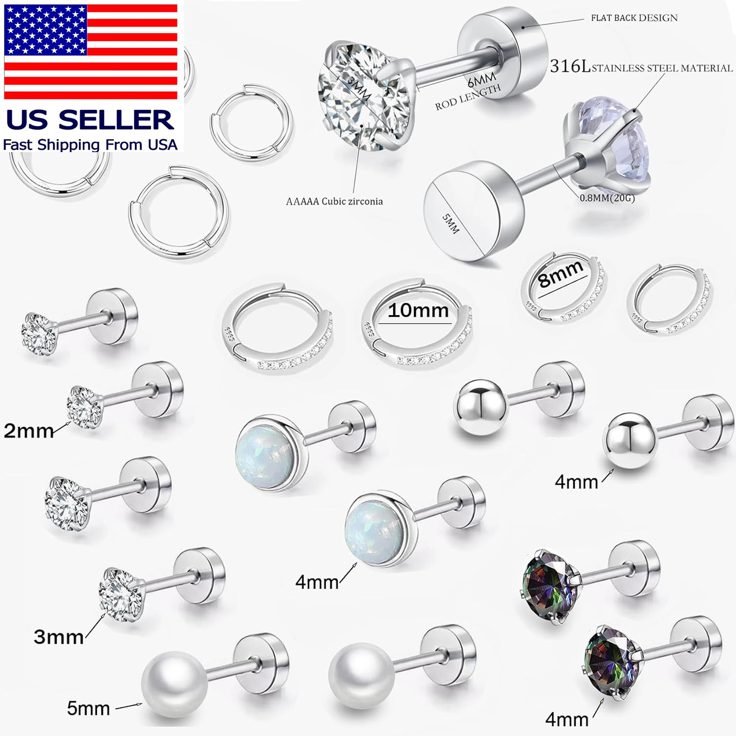Surgical Steel Flat Back Earrings Set for Multiple Piercing Sensitive Ears,Sterl