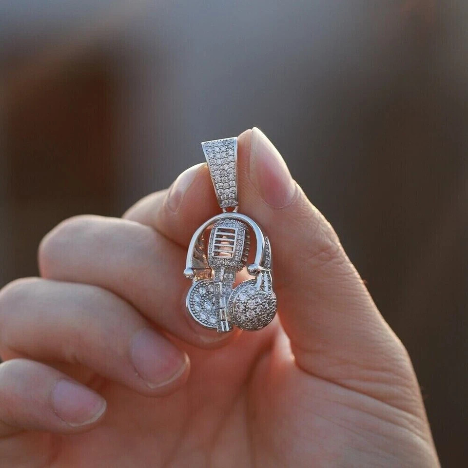 0.70Ct Lab Created Diamond Round Microphone Headset Pendant 14K White Gold Over