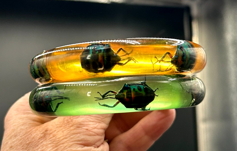 2 Vintage Resin Lucite Jewel Bettle Bangle Bracelets from Philippines Green Yell