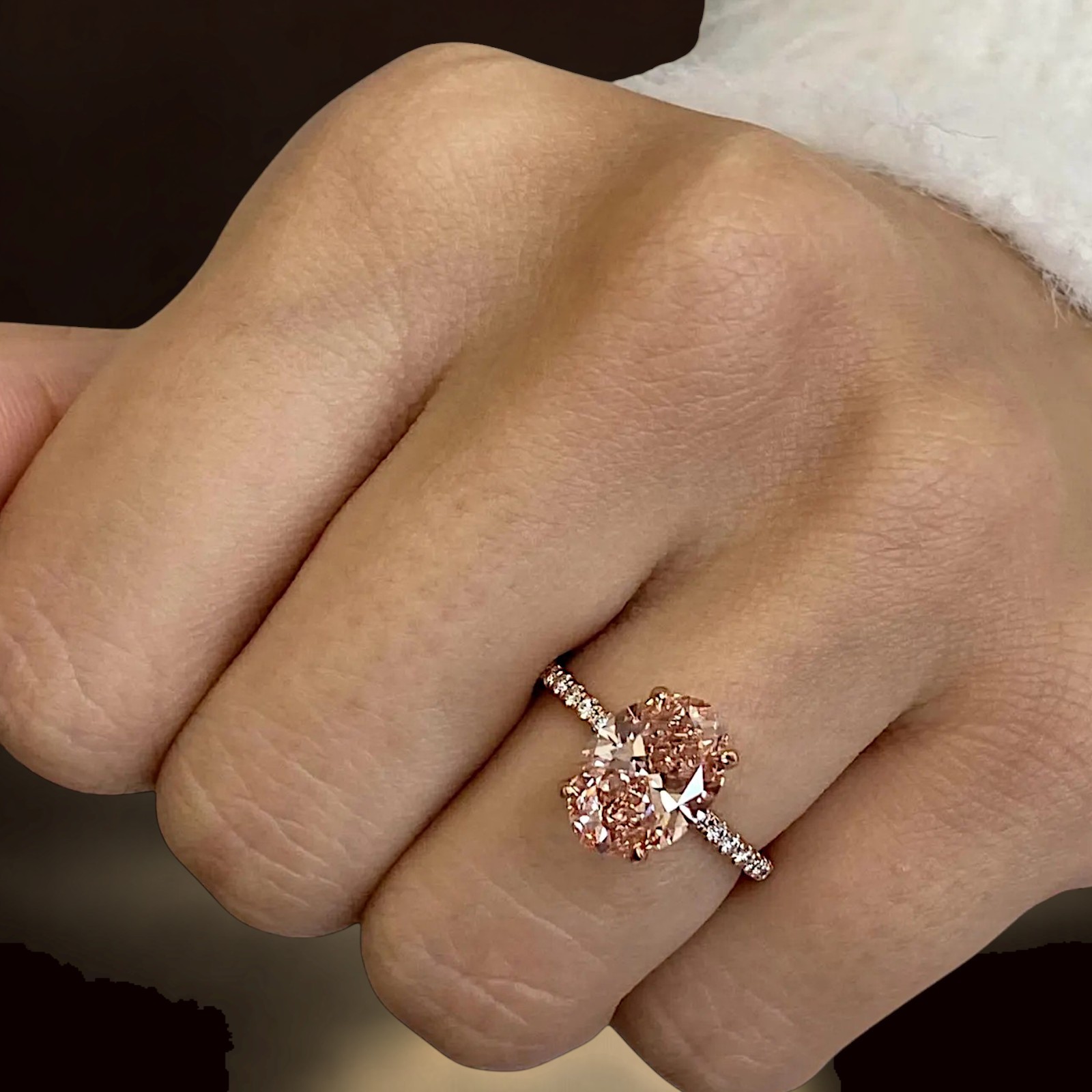 14k Rose Gold 3.25 Carat Fancy Vivid Pink Oval Cut IGI Lab Created Diamond Ring