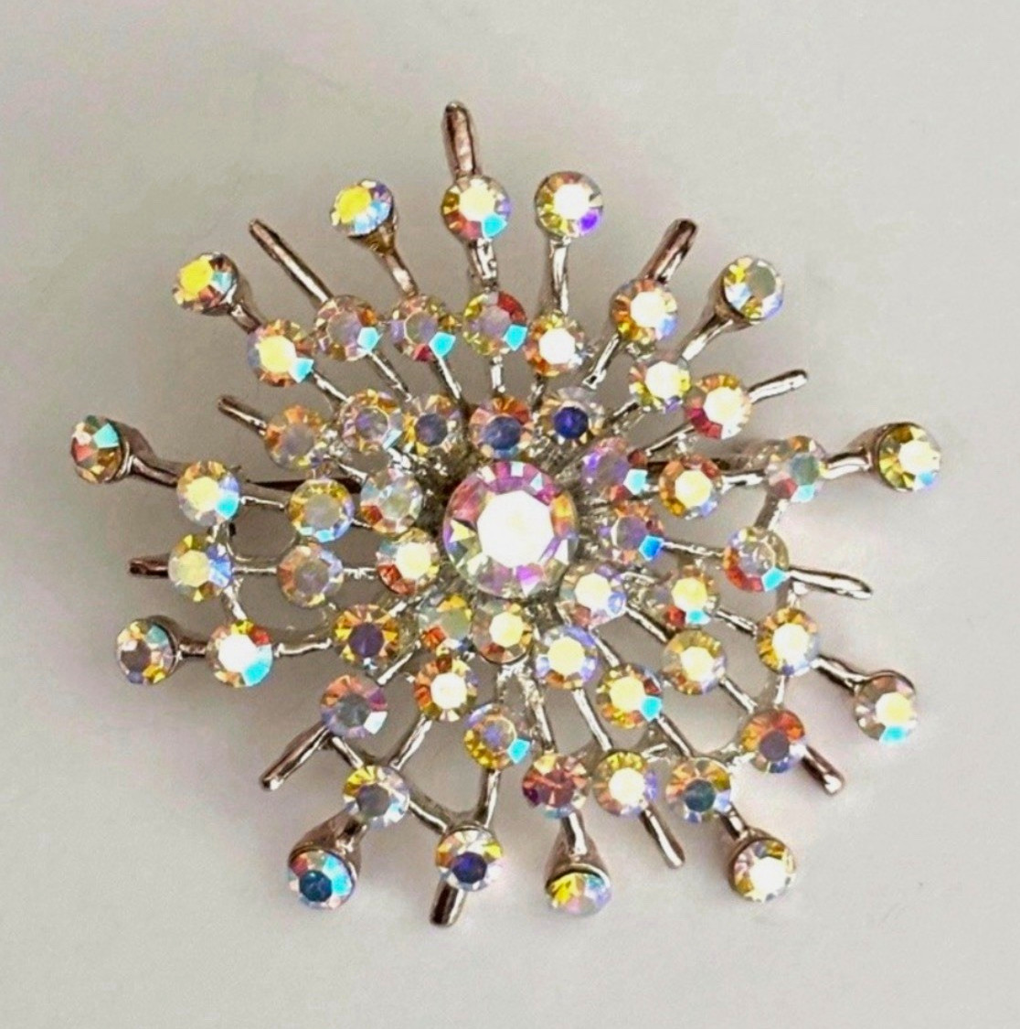 Vintage 1960s Aurora Borealis Rhinestone Starburst Brooch Pendant Sputnik AB Pin