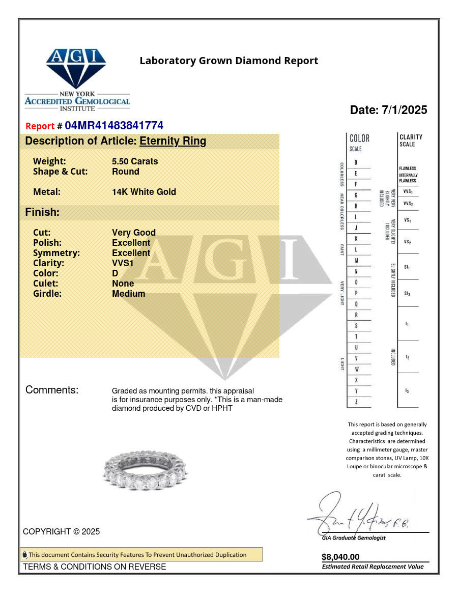 Eternity Wedding Ring 14K Gold Trellis Round 5.50 Carat Lab-Grown Diamond D VVS1