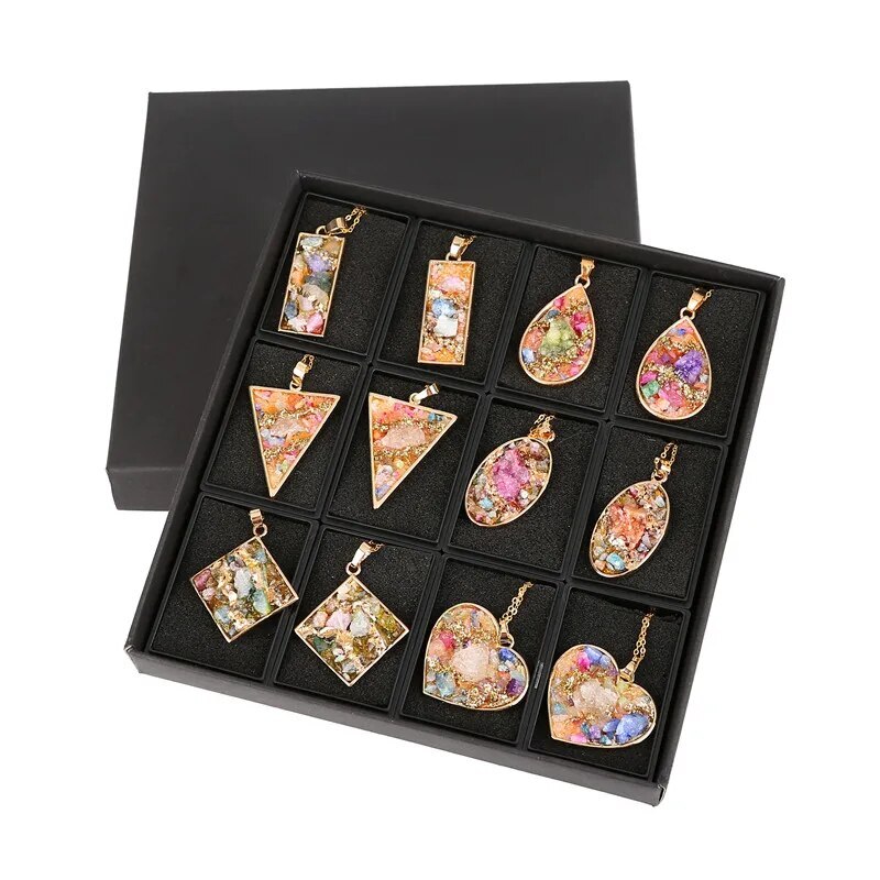 3Pcs Geometric Colorful Nature Stone Reiki Necklace Heart Crystal Pendant