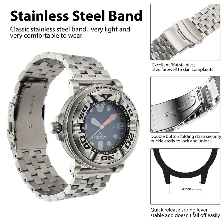 Silver Adapters w/Stainless Steel Metal Strap for Citizen Promaster BJ8050-08E