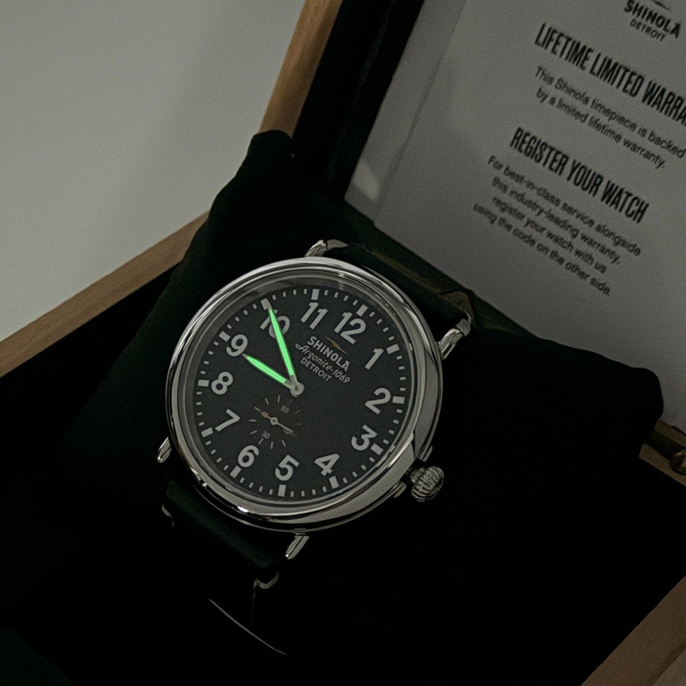 Men’s Shinola Runwell Argonite 1069 Black Dial Black Strap Quartz Watch 47mm
