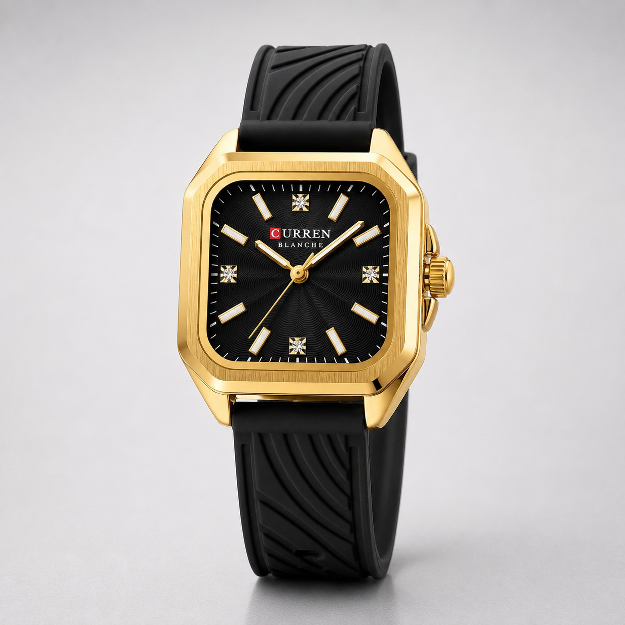 CURREN Womens Black Silicone Watch Gold Square Case Quartz 3ATM