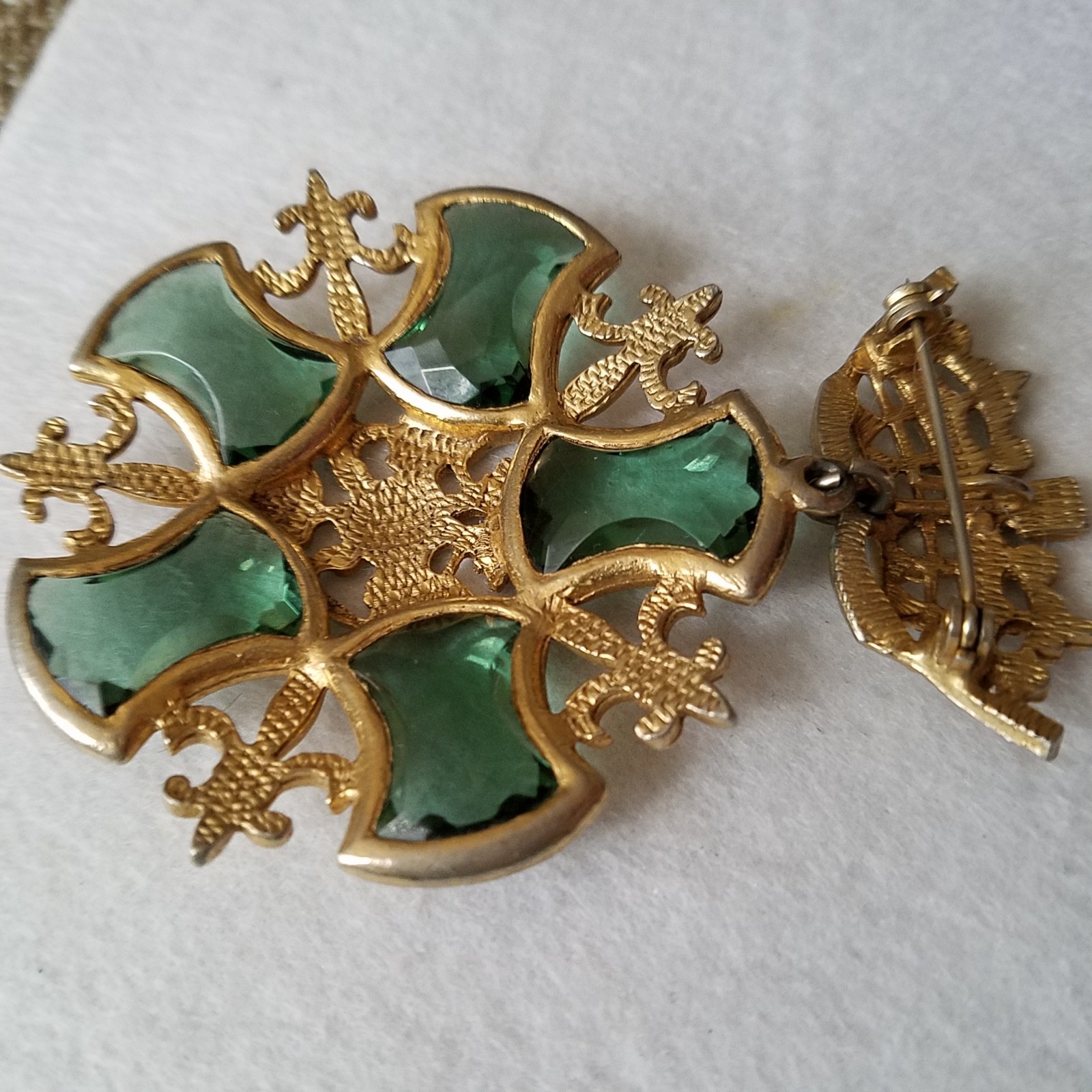 Vintage Crown Doubled-Headed Eagle Shield Green Rhinestone Fleur de Lis Brooch