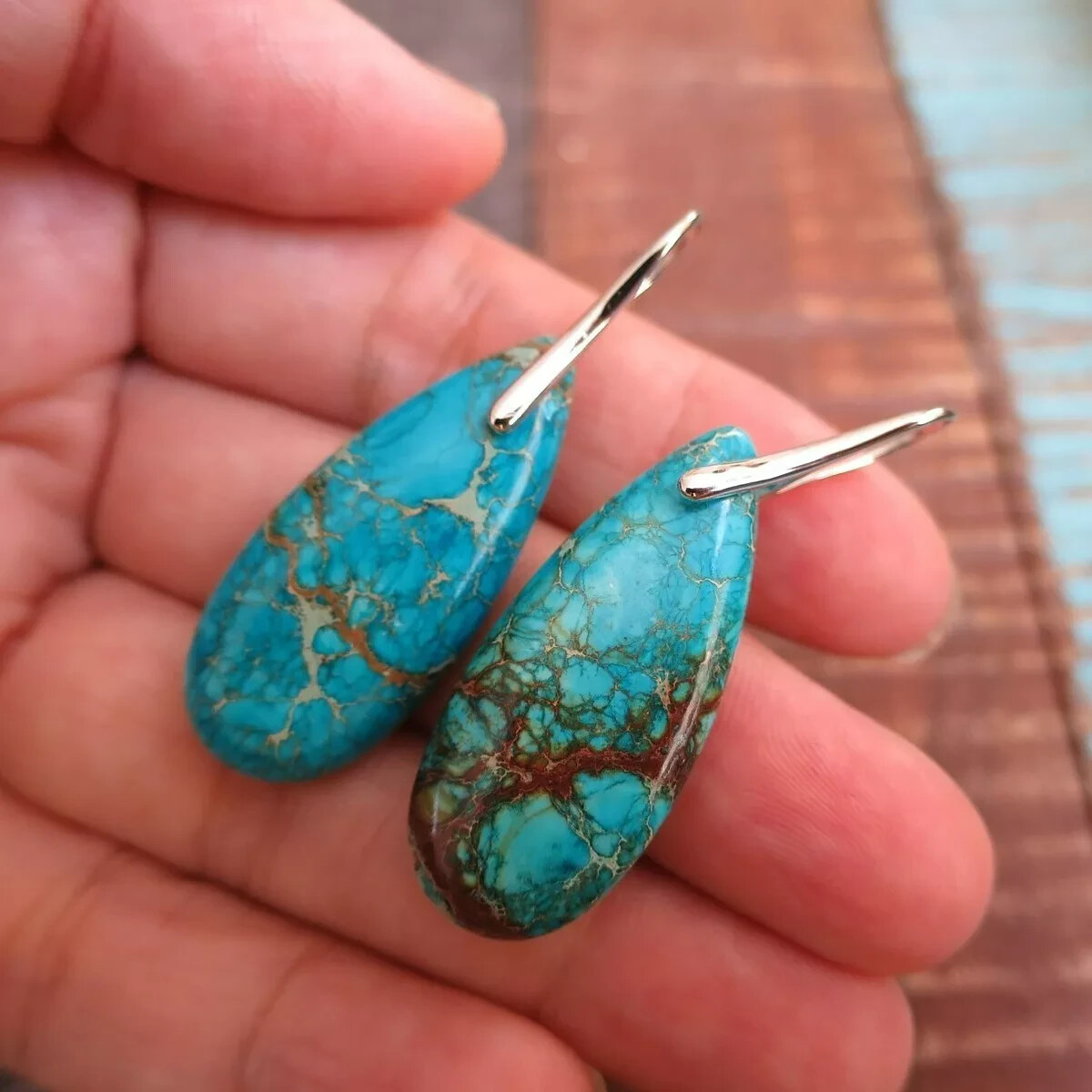 Natural Turquoise Teardrop Stone Earrings Blue Gemstone Dangle Drop Earrings