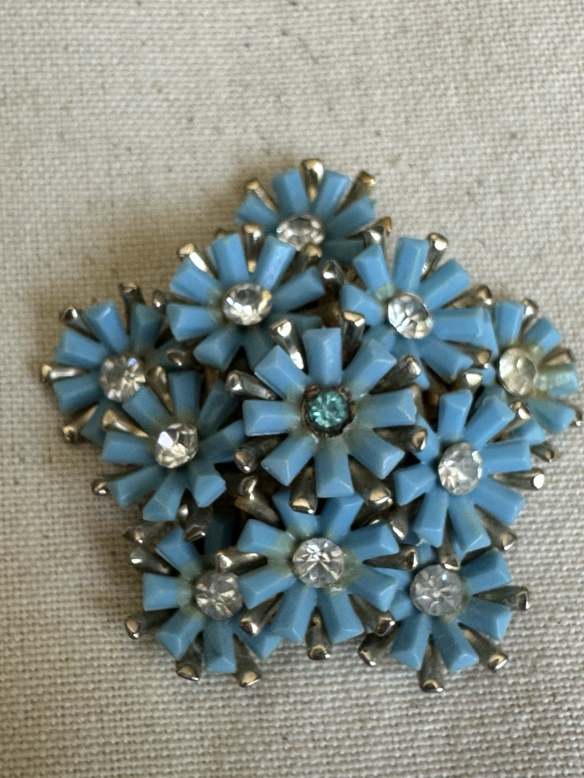 Blue Flower Cluster Rhinestone Brooch Pin Prong Set Baguette 1.5 in