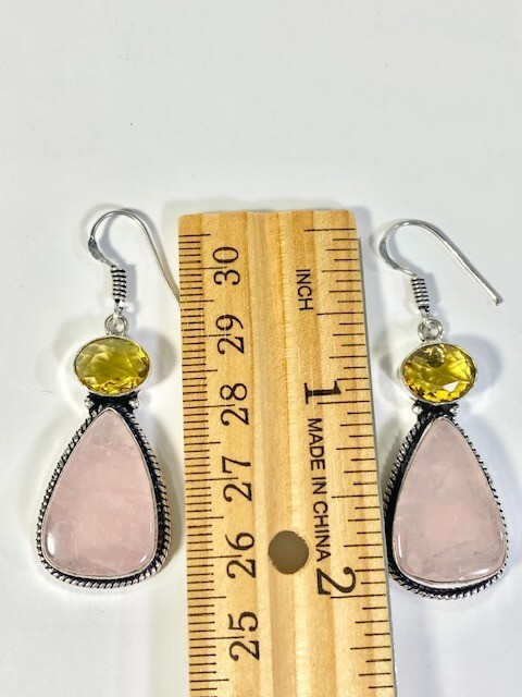 Rose Quartz & Faceted Citrine Teardrop Earrings Double Gems Handmade 12gm 2.8 in