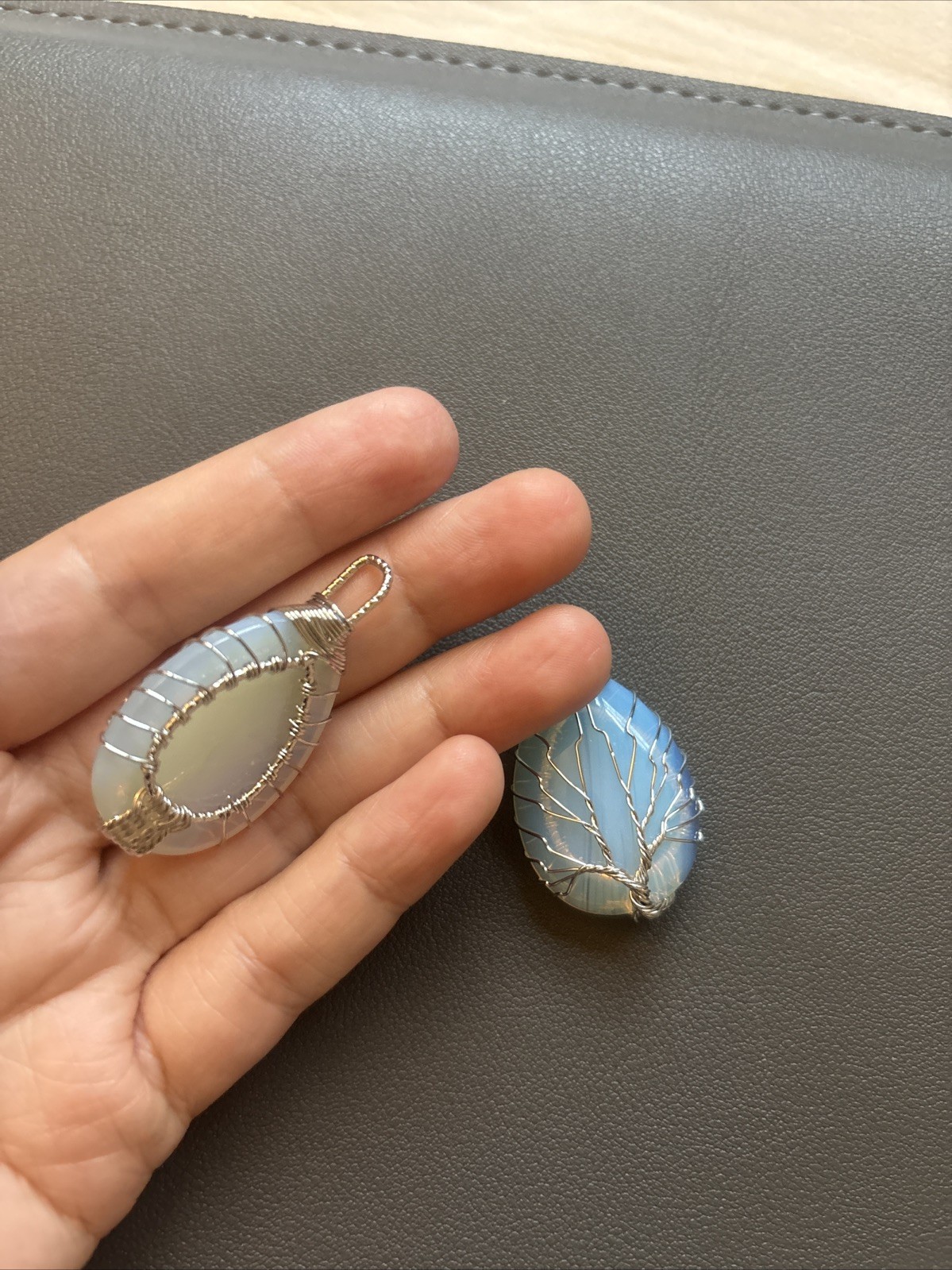 Two Silver Metal Wrapped Blue Stone Pendant tree of life wire wrapped opal like