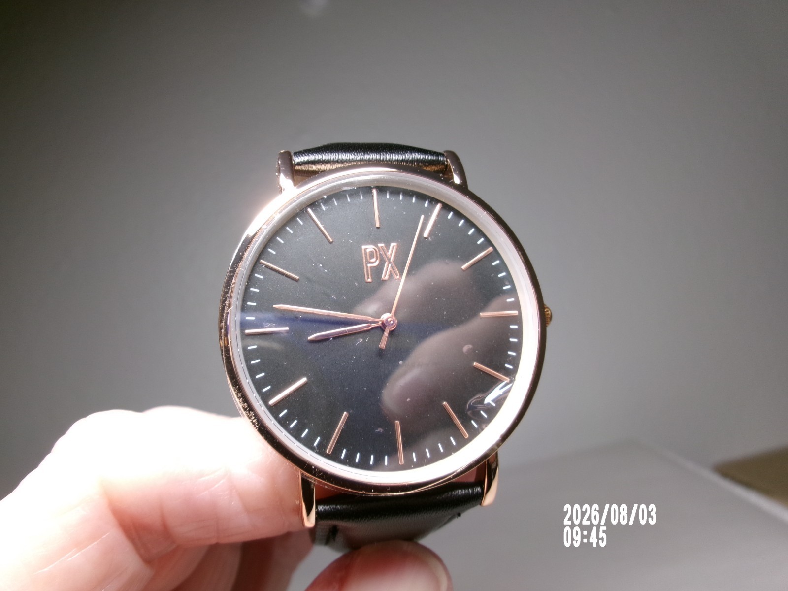 PX MENS TWO TONE ROSE GOLD/BLACK FACE WATCH WITH BLACK LEATHER BAND 6.5-8″ FIT