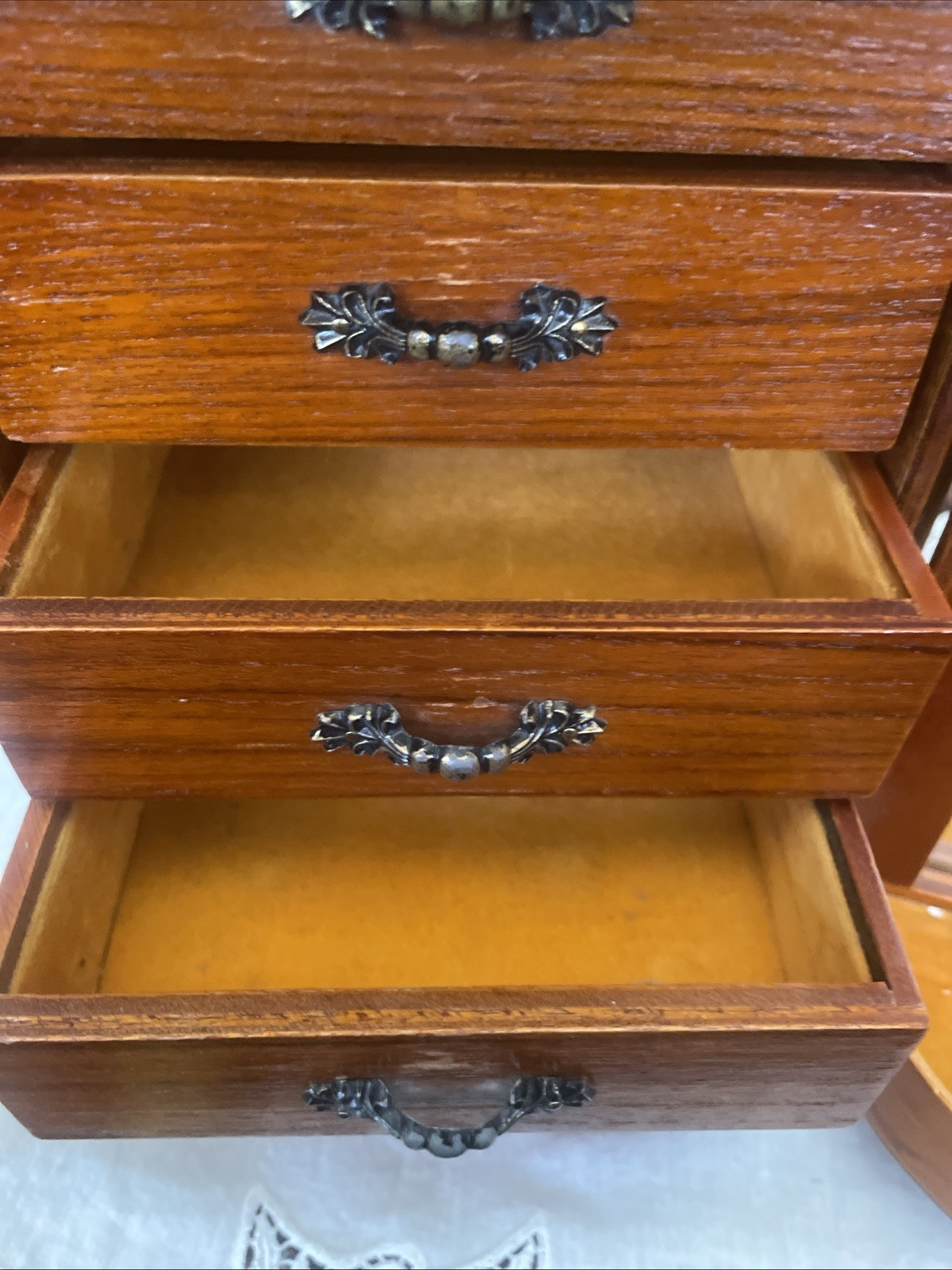 MCM round Wooden jewelry chest table top armoire W/ 5 Drawers And Mirror