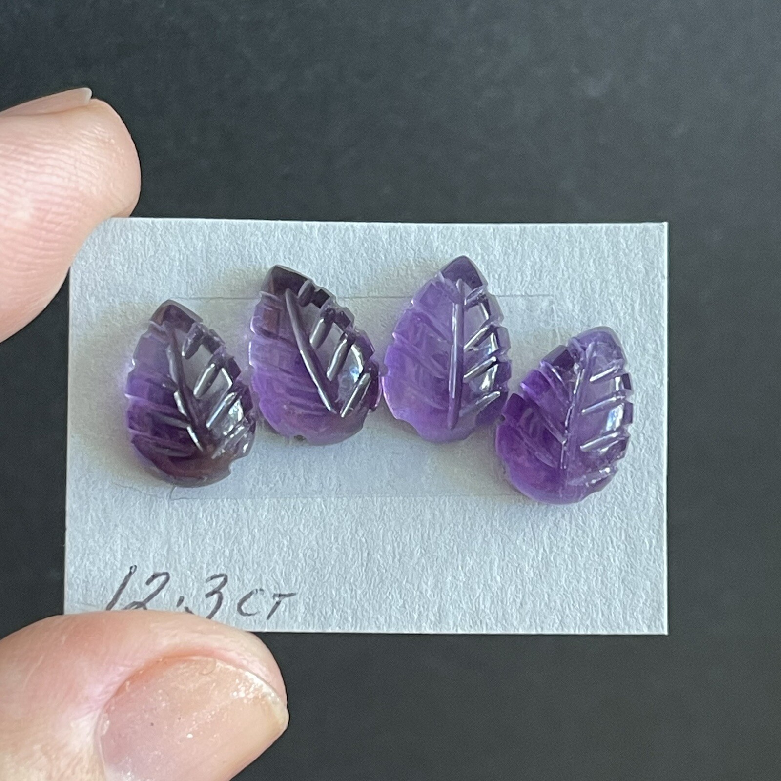 12.3ct 12x8x5mm 4pc Lot Purple Leaf Carved Flat Back Amethyst Cabochons Gems