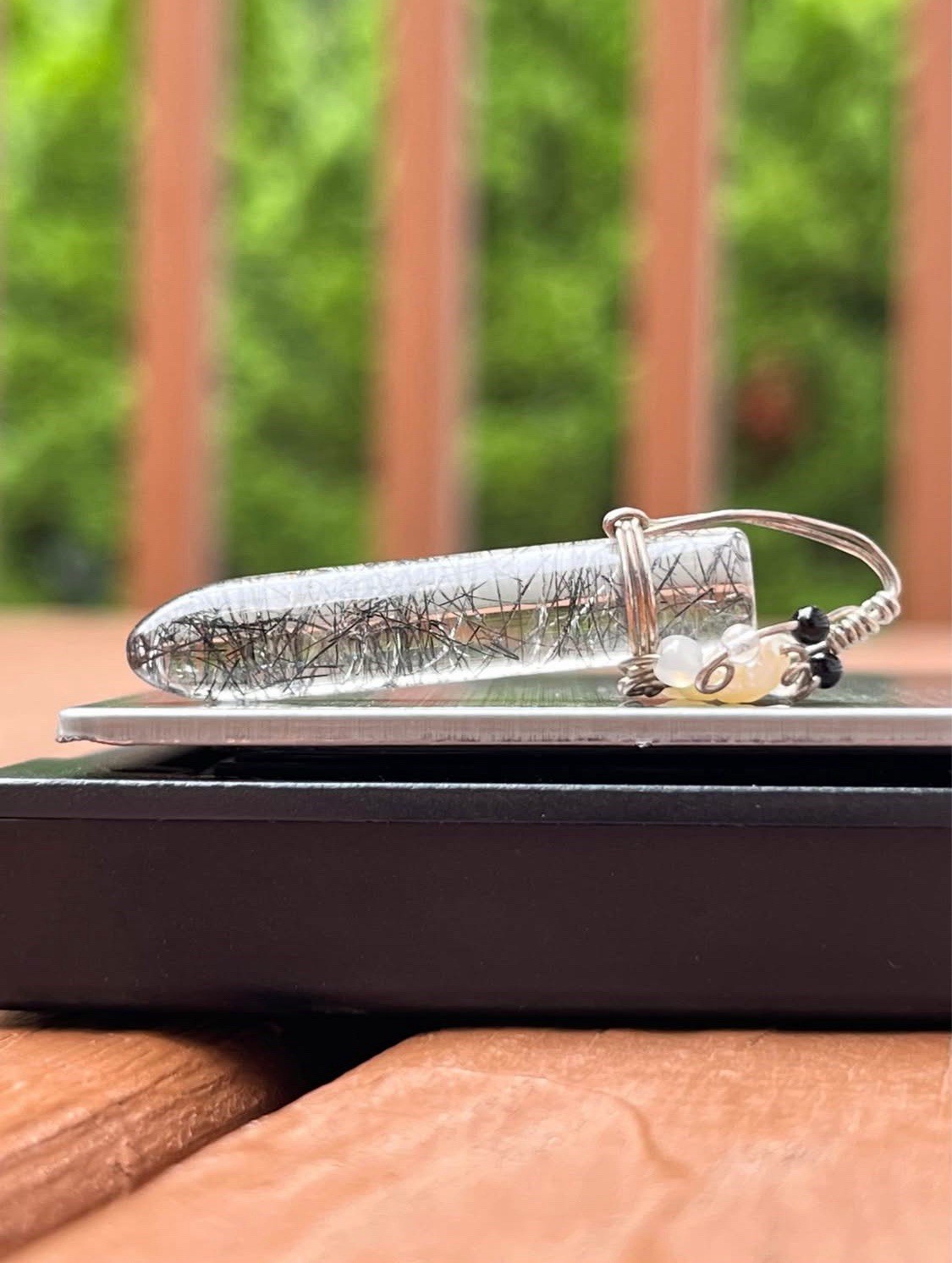 925 Quartz Vintage Black Rutile Sterling Silver Wrapped Pendant Gorgeous !