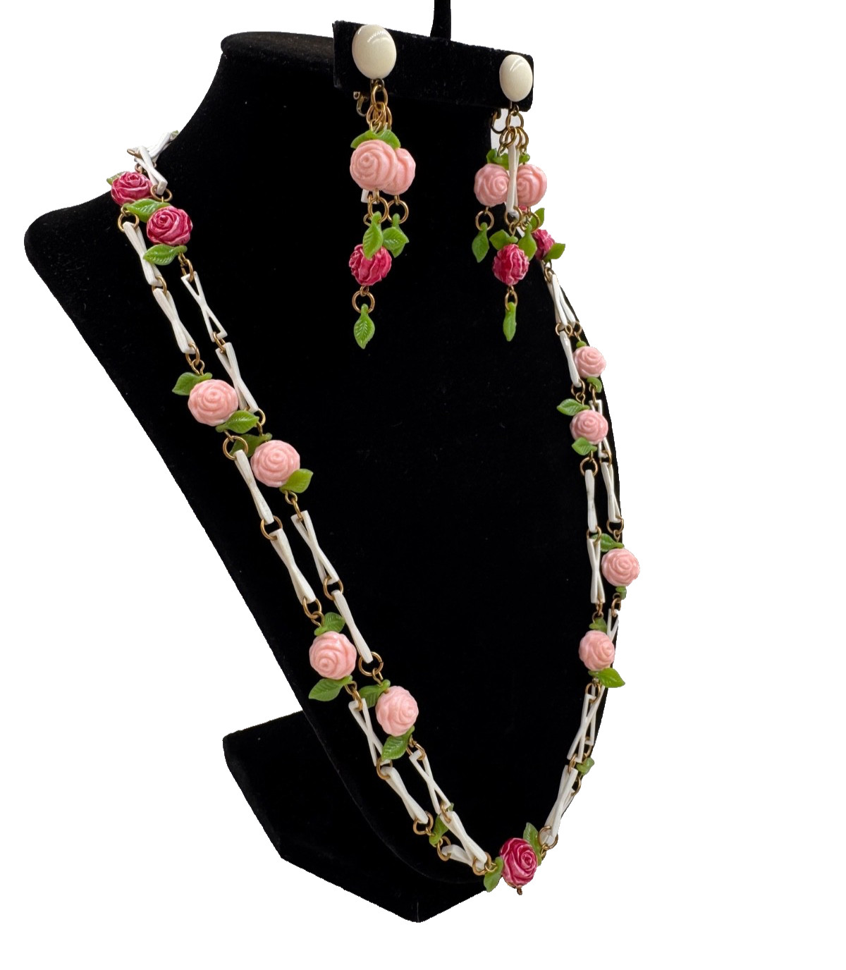 GERMANY SIGNED PRE-WWII SET CLIP EARRINGS EXTRA LONG SAUTOIR NECKLACE 45″ ROSES