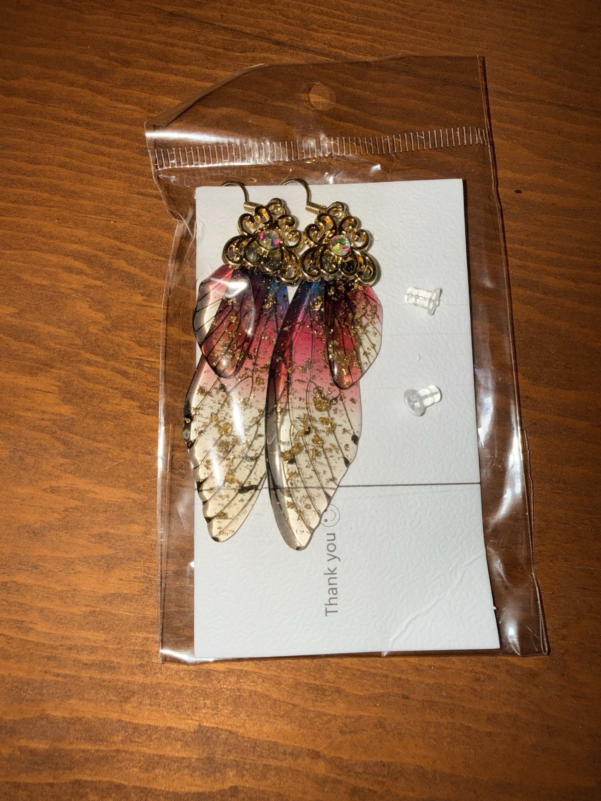 Fairy Wing Gradient Dangle Earrings with Gold Flakes, Purple Blue Pink