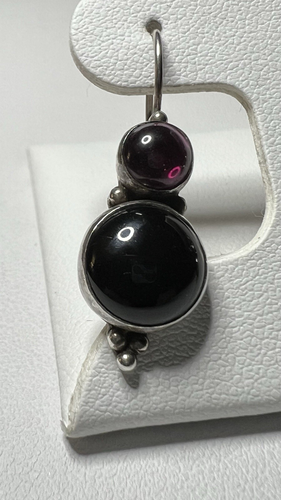 Signed JGD 925 Sterling Pink Tourmaline and Black Onyx Drop Hook Earrings Bezel