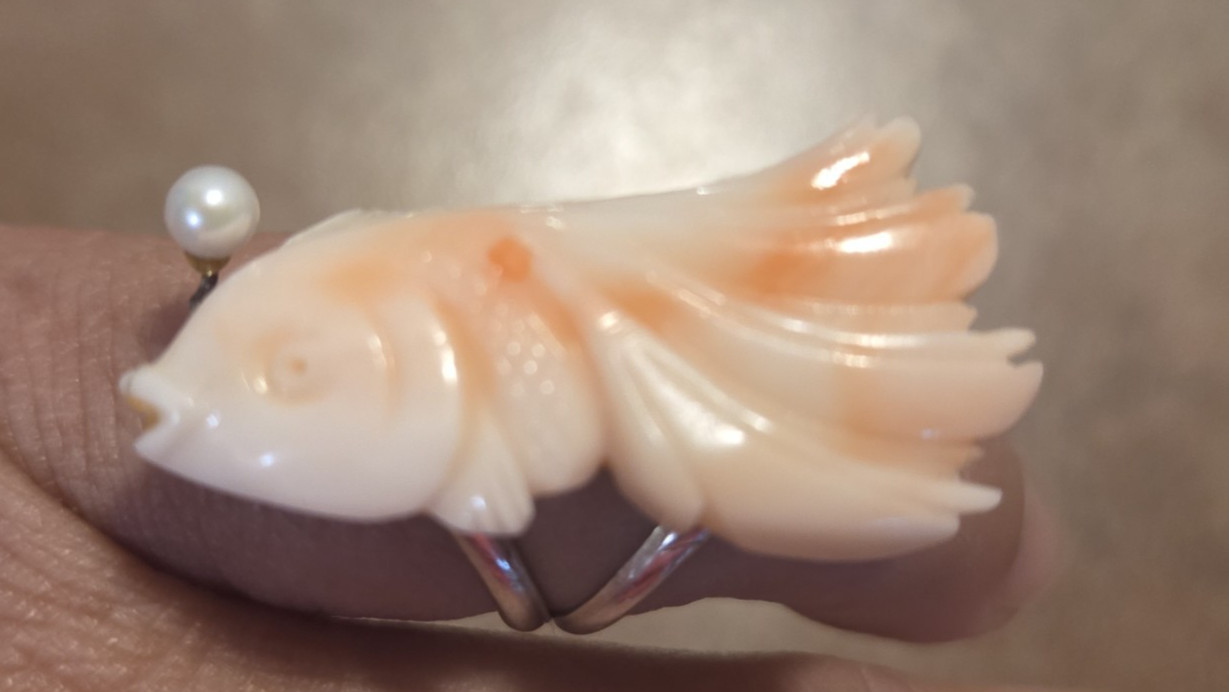 Hawaiian Pink & Angel Skin Coral Koi Fish Sterling Silver Small Ring