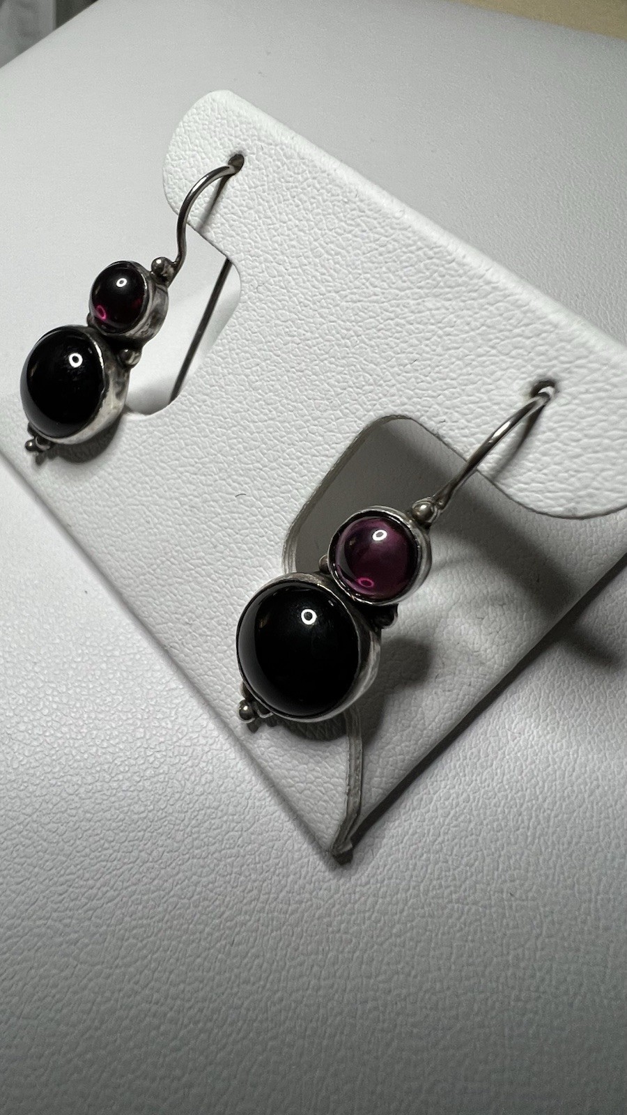 Signed JGD 925 Sterling Pink Tourmaline and Black Onyx Drop Hook Earrings Bezel