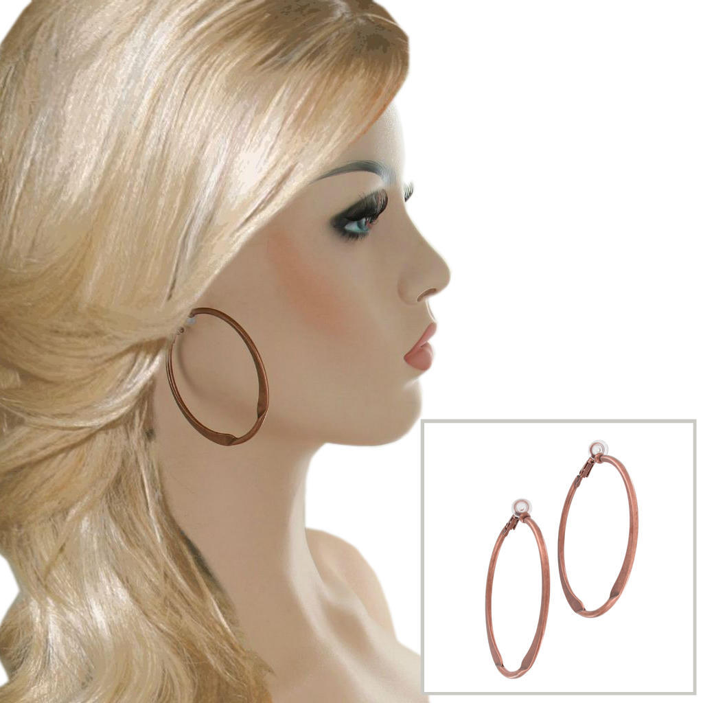 Ky & Co Large Round Flat Clip On Hoop Earrings 2 1/4″ Choice Rose Gold Copper Ox