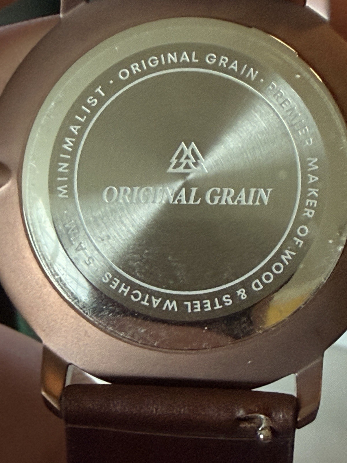 Original Grain Quartz Analog Watch Gold Case Wood Grain Dial Brown Leather Date