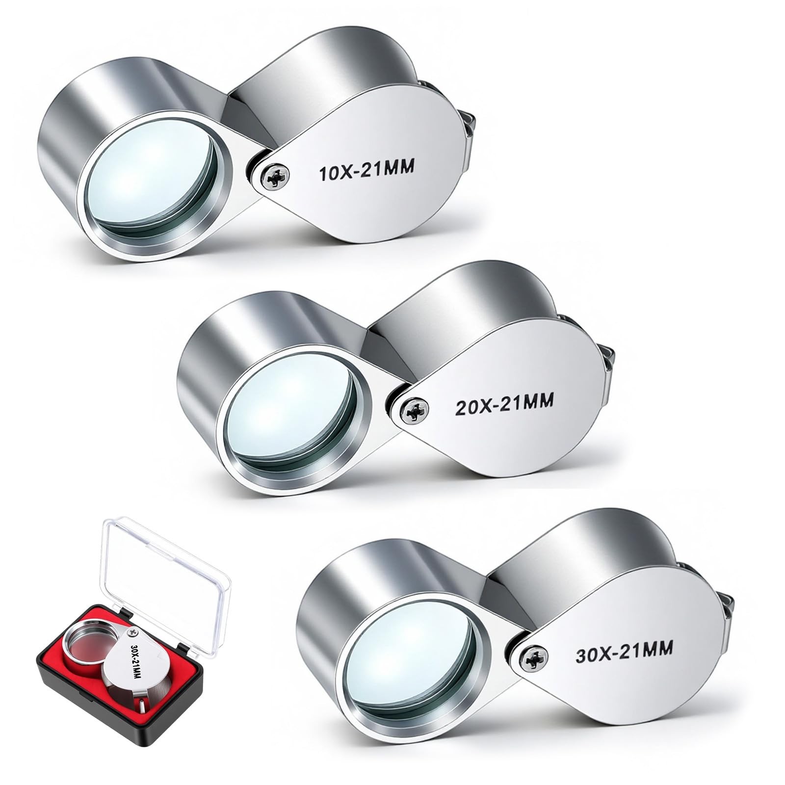 3 Pieces 10x Loop Magnifier Loupe Jewelry 10x 20x 30x 20mm Eye Loops Foldable