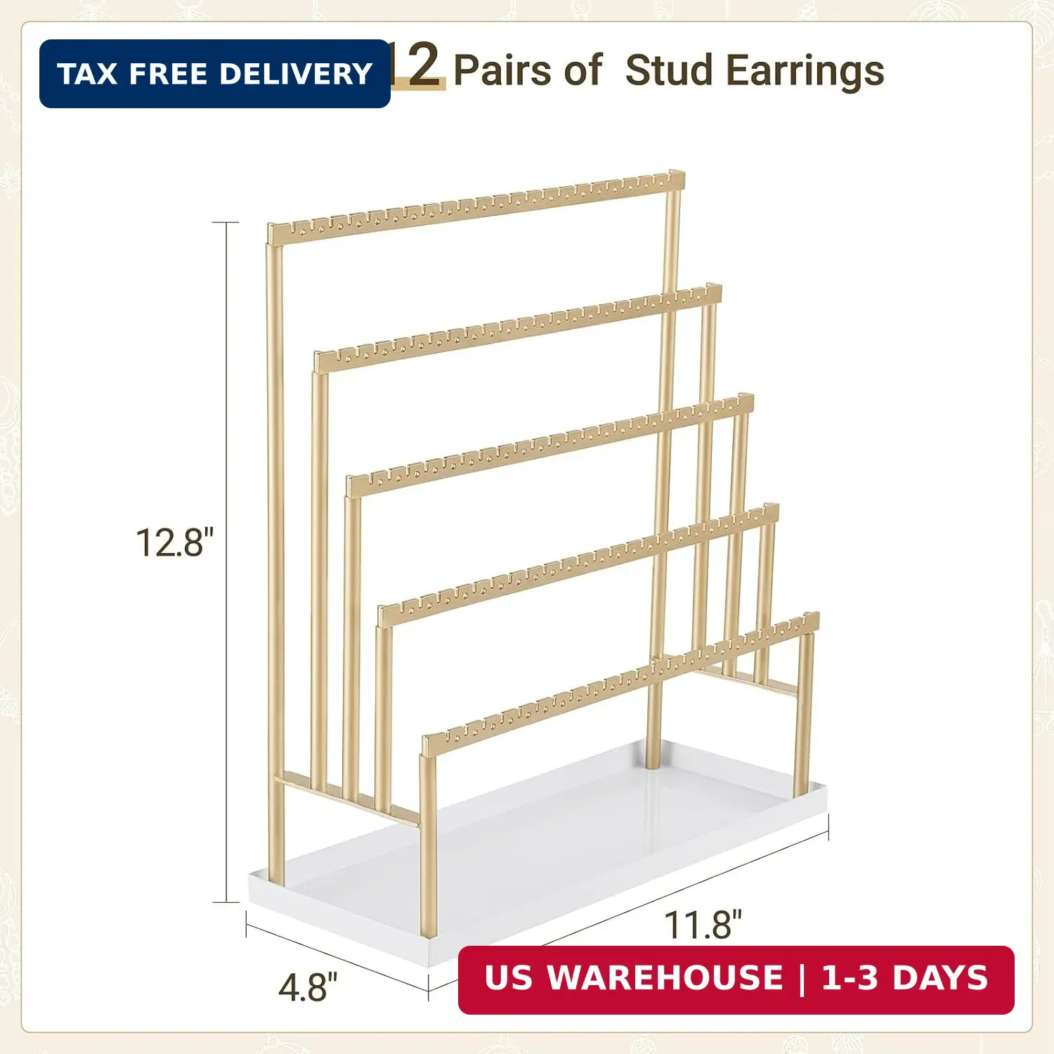 Mkono 5-Tier Earring Holder Organizer, Gold Jewelry Display Stand with Tray | 11