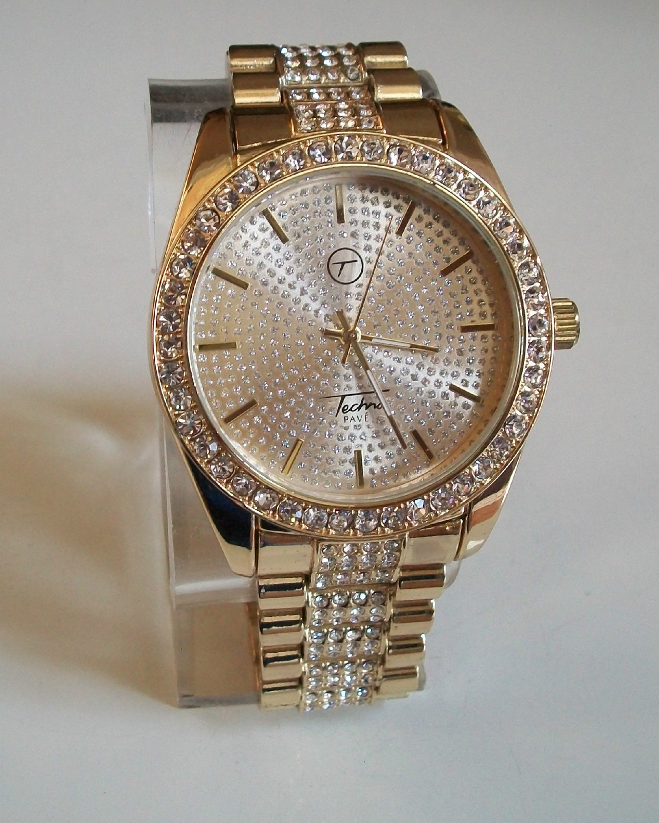 Men’s bling gold finish Techno Pave bracelet dressy party watch (9.5 inches)