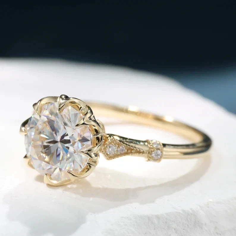 Art Deco Vintage Style Round Cut Lab Created Diamond Engagement Ring 14K Gold FN