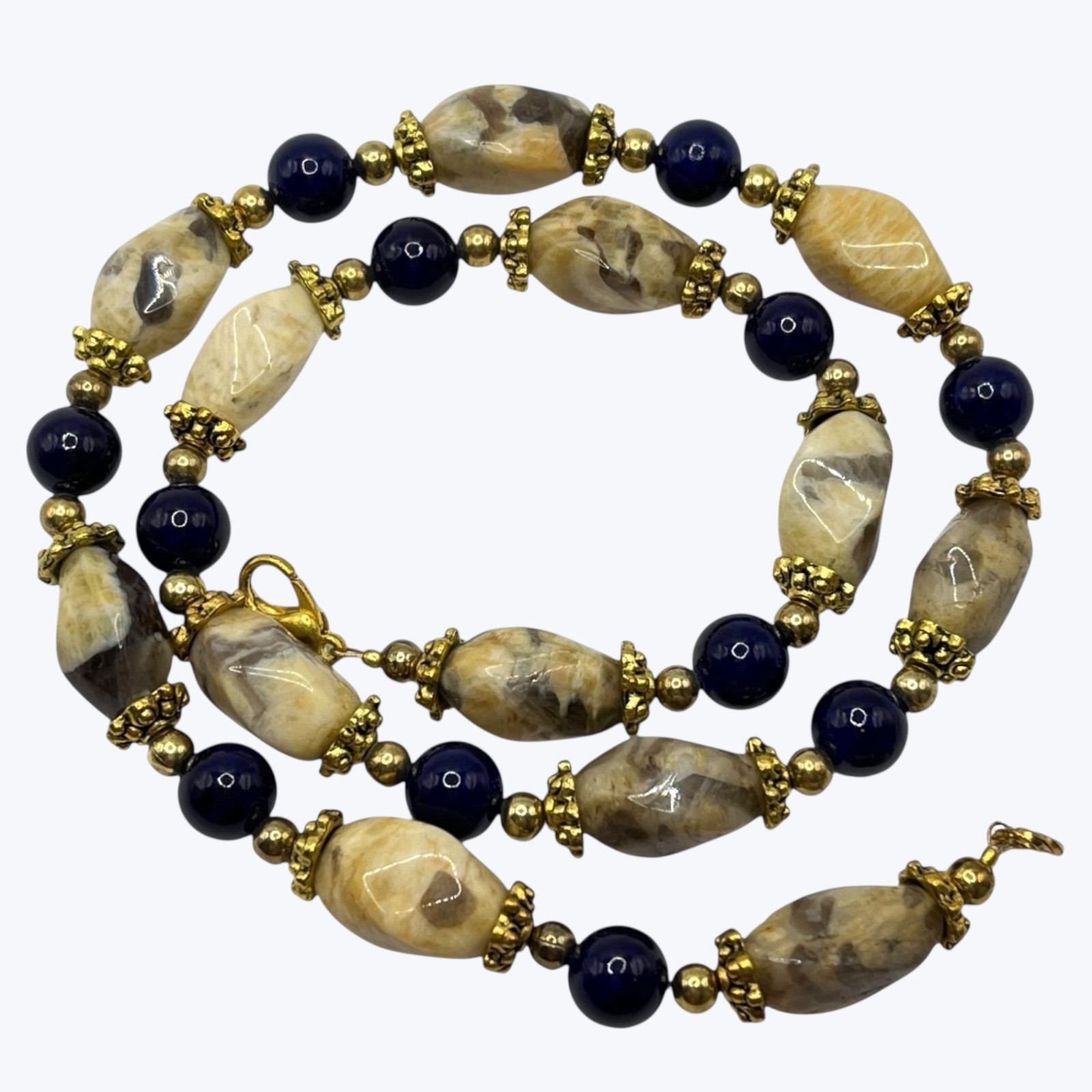 Handmade Beaded Necklace Beige Agate Gemstone Gold Tone Blue Beads Artisan Boho