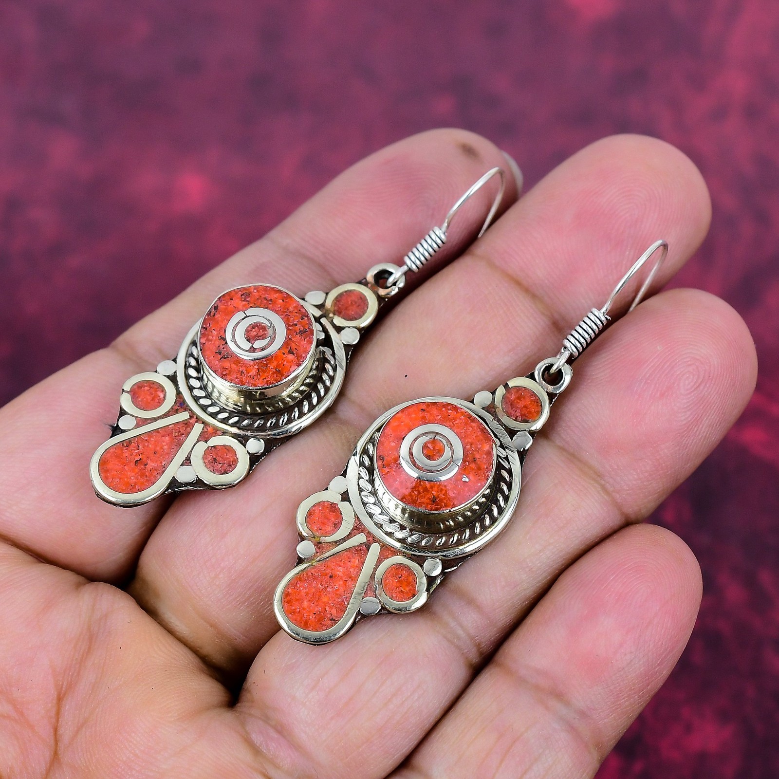 Beautiful Coral Gemstone Handmade 925 Sterling Silver Earrings Nepali Jewelry