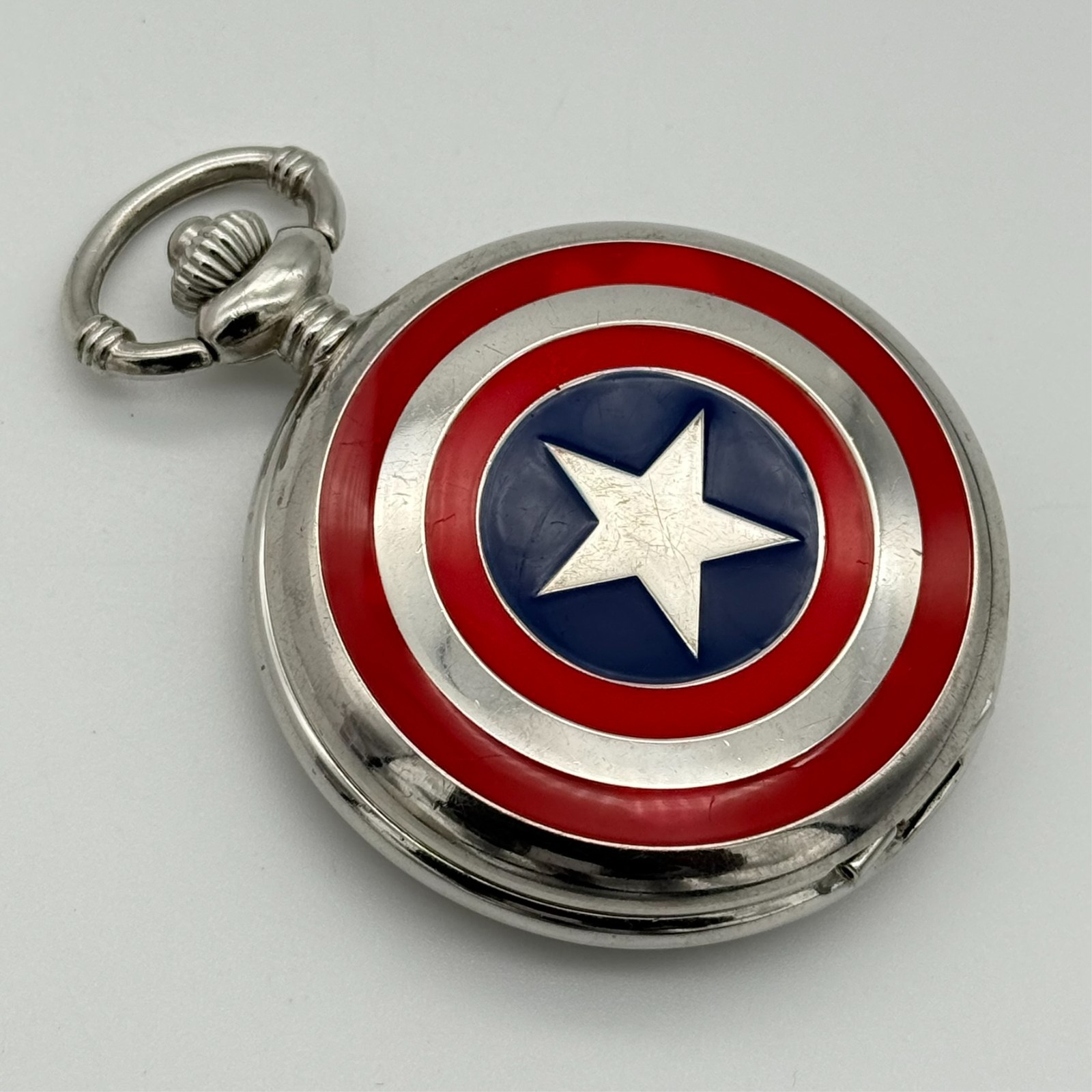 MARVEL Avengers Captain America Shield & Logo Silver Tone Pocket Watch, Red/Blue
