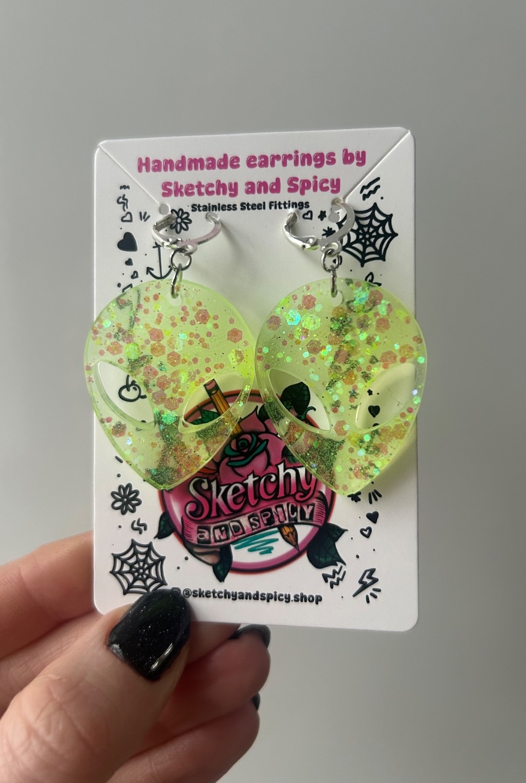 Glow in the Dark Alien Head Earrings – Neon Glitter Resin – Stainless Steel