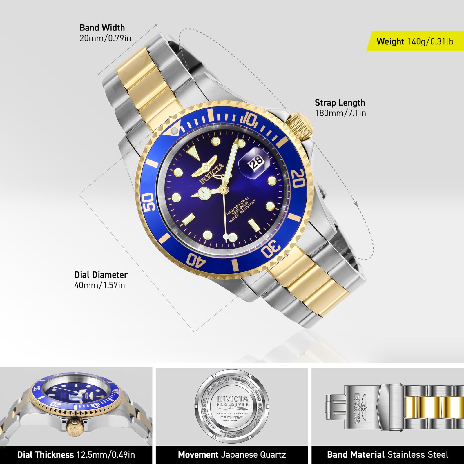 Invicta Men’s Pro Diver Quartz Watch with Stainless Steel Strap, Two Tone, 20