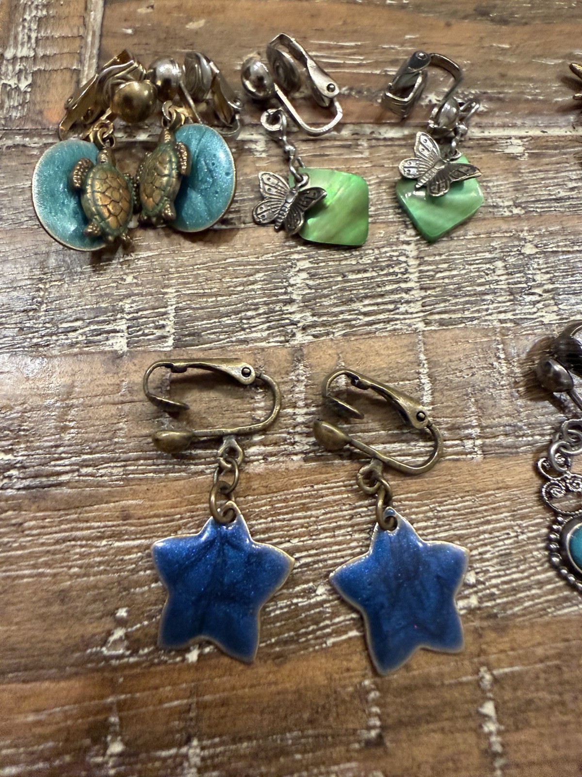 6 Pair Vintage Clip On Earrings Lot Enamel Shell Turquoise Blue-Green Boho Stone