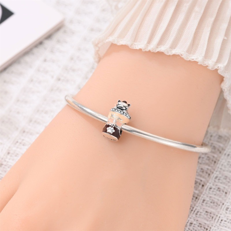 KUNSIR Coffee Cup Cat Bead Charm for Bracelets, 925 Sterling Silver DIY Charms