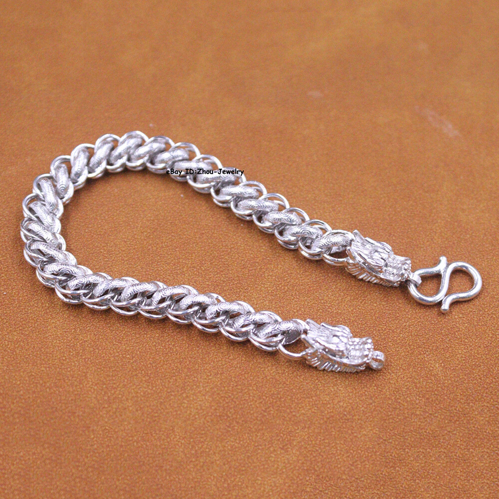 Pure S999 Fine Silver 999 Chain Curb Link Dragon Head Bracelet 27-28g 8.26inch