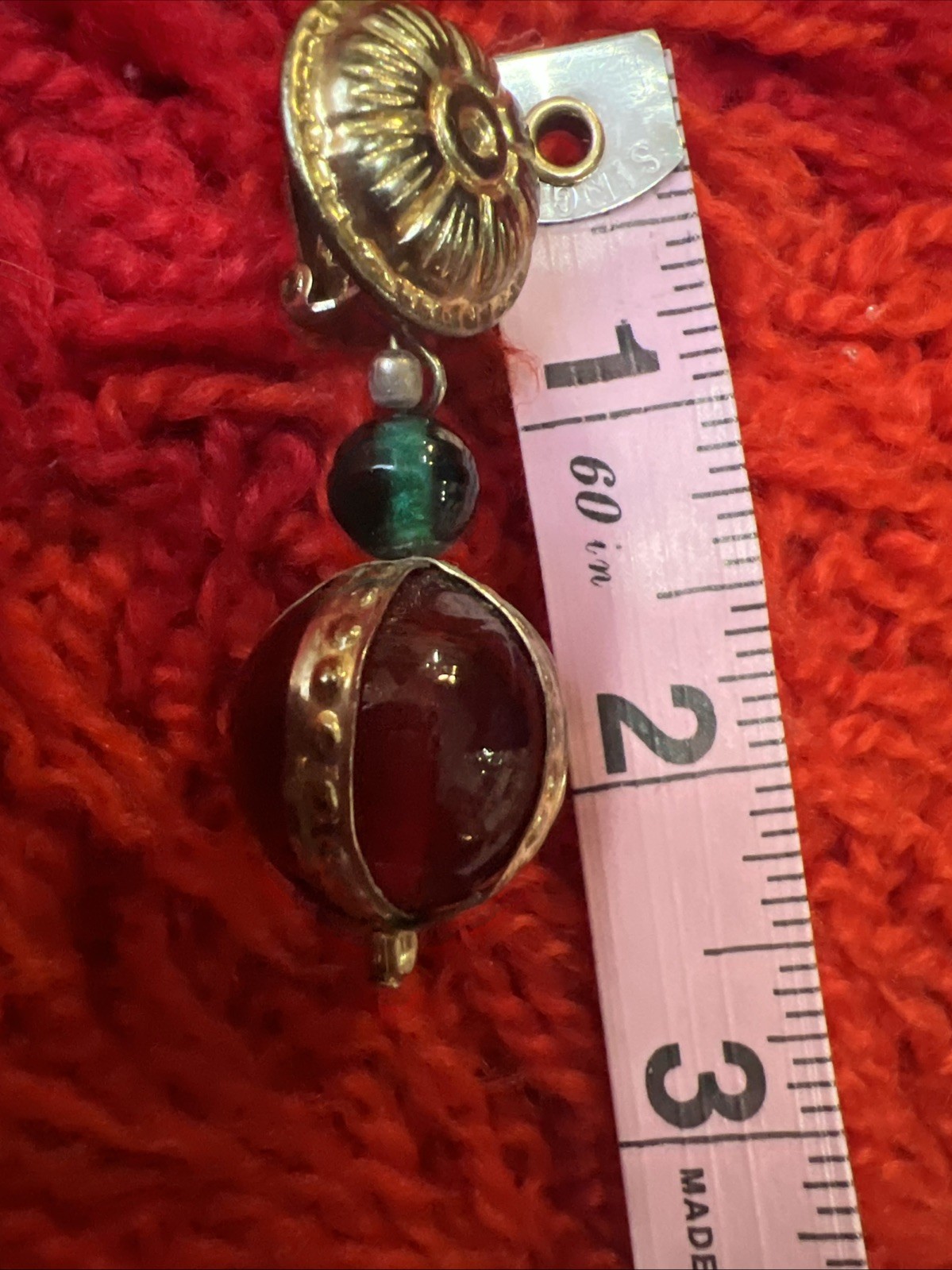Vtg Egyptian Rev. Gripoix Poured Glass Brass Gold Red Green Runway Clip Earrings