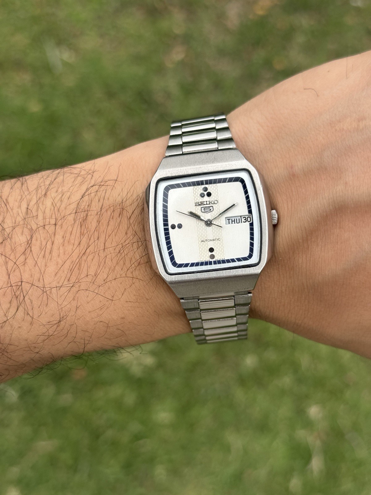Vintage Seiko 5 Automatic 6309 Mens WristWatch Silver TV Dial Day Date Japan 21J