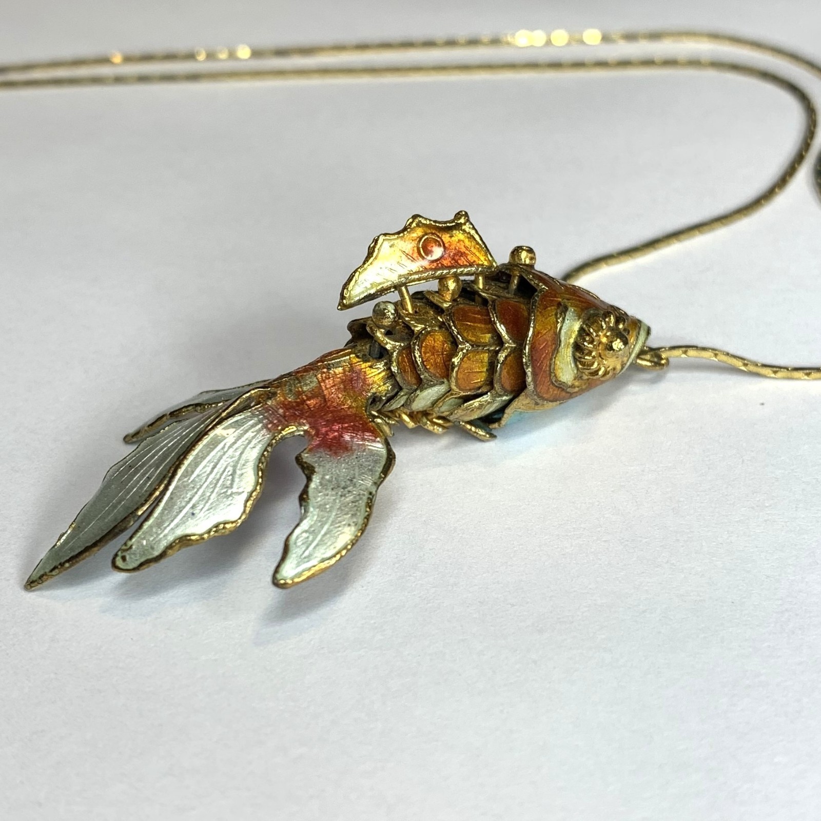 Vintage Articulated Koi Fish Pendant Necklace Cloisonne Enamel Gold Tone 23.5”