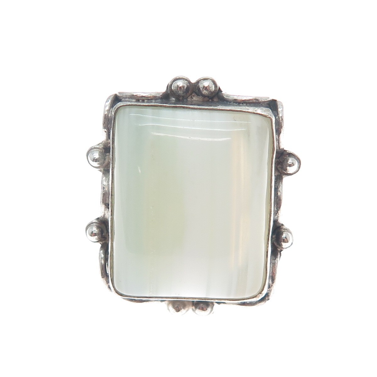 925 Sterling Silver Vintage Real White Agate Gem Oxidized Ring Size 7.75